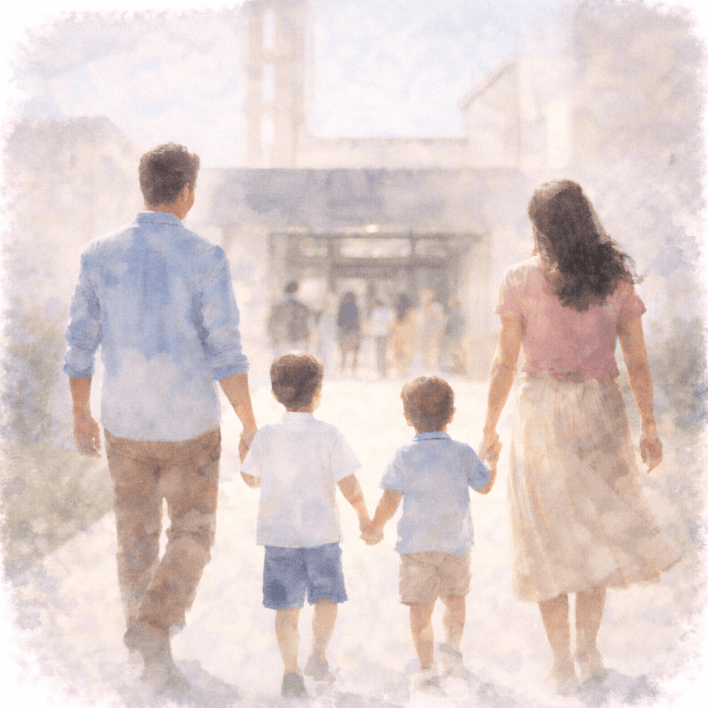 Watercolor illustration of ward members attending sacrament meeting